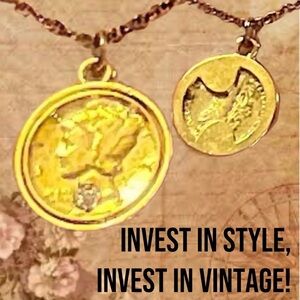 Mercury Dime Necklace: Double Sided Coin with Diamond Inset on Front VINTAGE